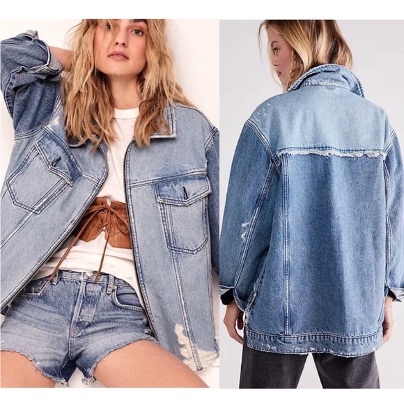 We The Free x Free People Your Dad's Denim Jean Distressed Oversized Jacket - Picture 3 of 16